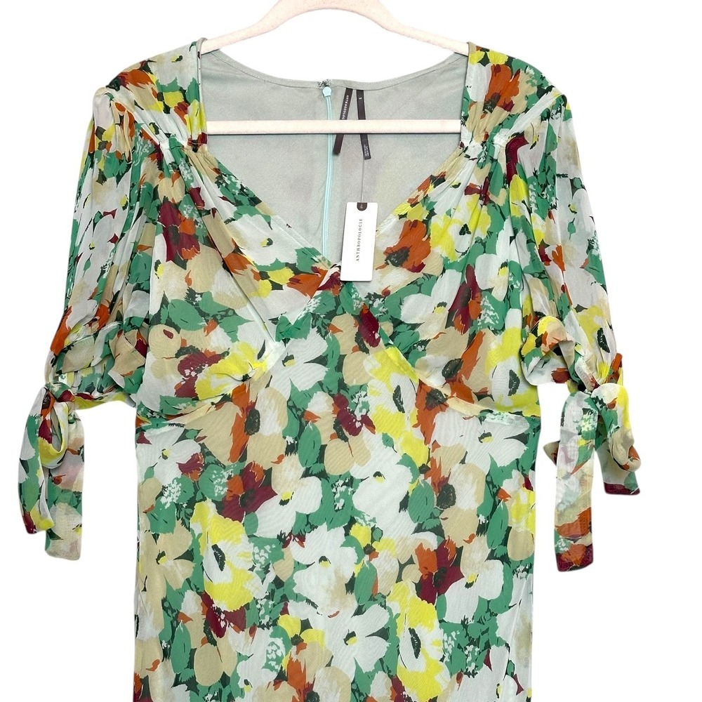 Anthropologie Midi Dress Chiffon Floral Slip Green Sage Multi S NWT Romantic - Picture 8 of 12